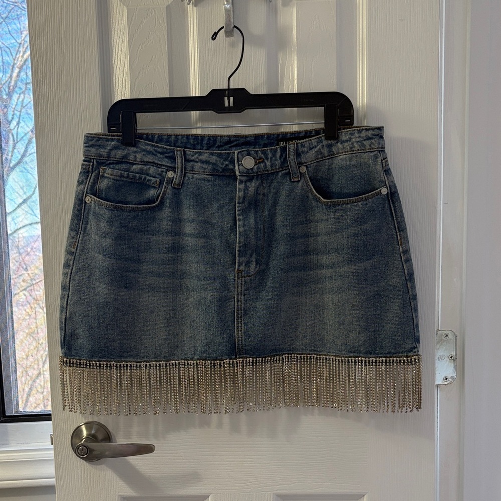 Denim Mini Skirt with Rhinestone Fringe - Blue Sz 32